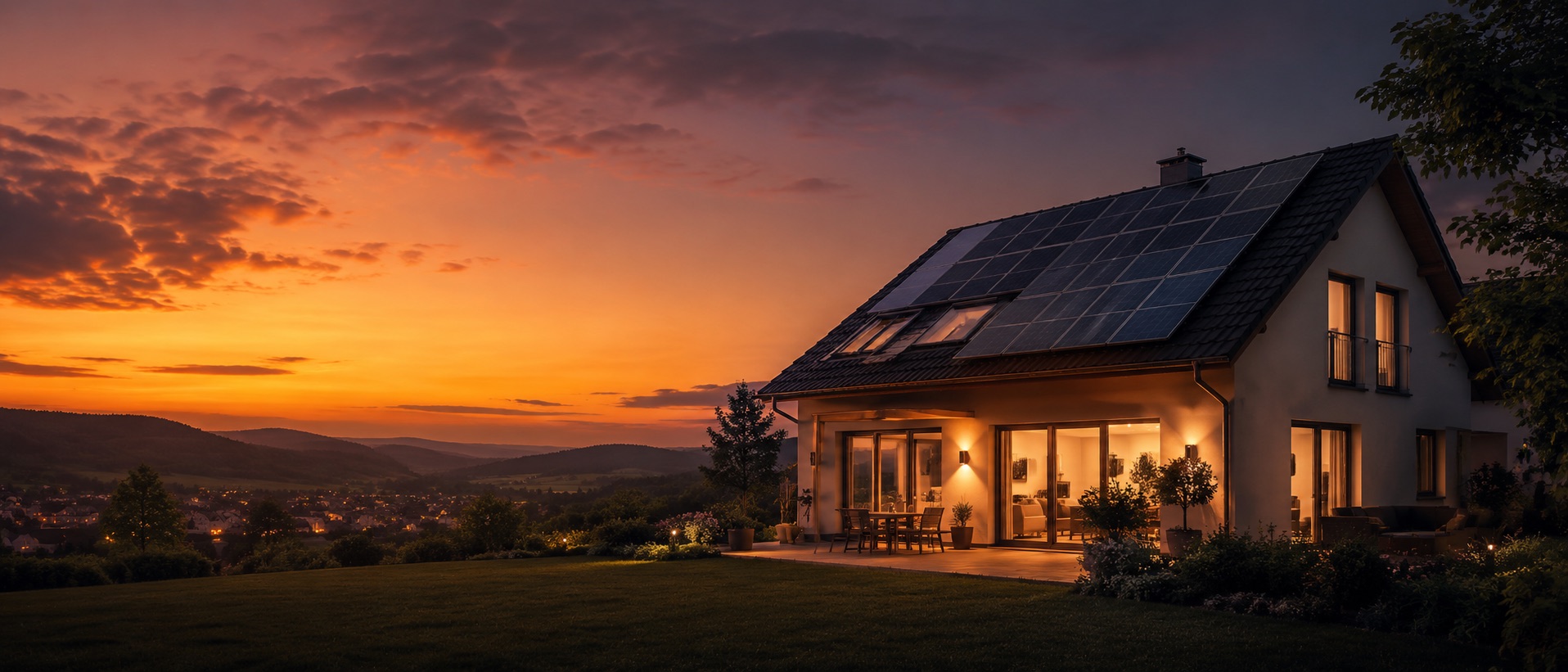 Einfamilienhaus mit Photovoltaik am Abend — Angebote vergleichen