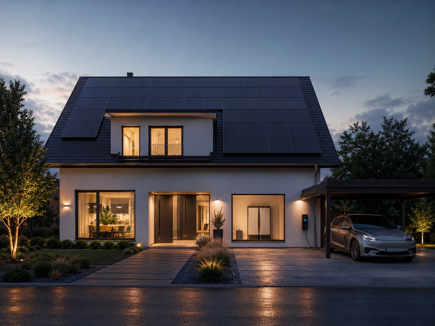 Modernes Einfamilienhaus mit großer Photovoltaikanlage am Abend