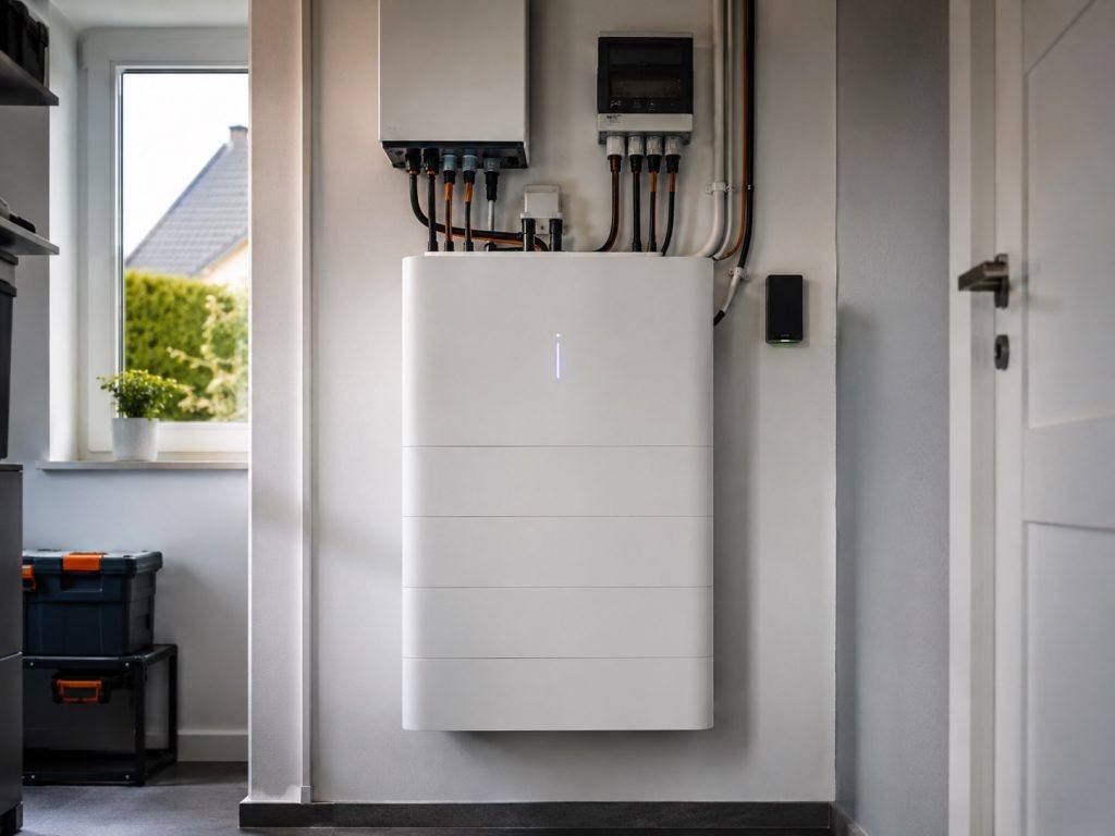Batteriespeicher an der Wand eines Hauswirtschaftsraums