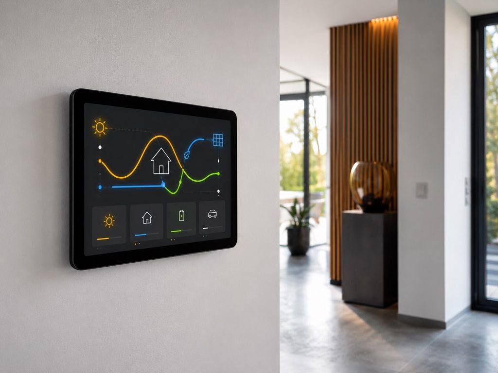Wandtablet mit Energiefluss-Übersicht im Flur eines Wohnhauses