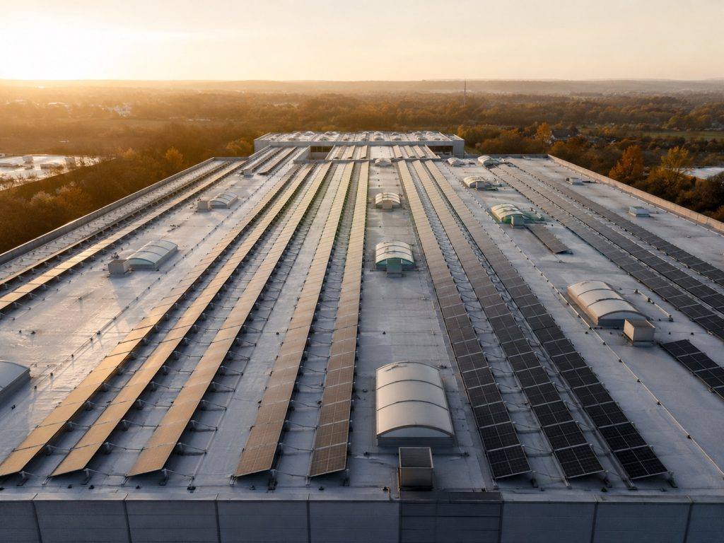 Große Photovoltaikanlage auf einem Gewerbedach aus der Luft