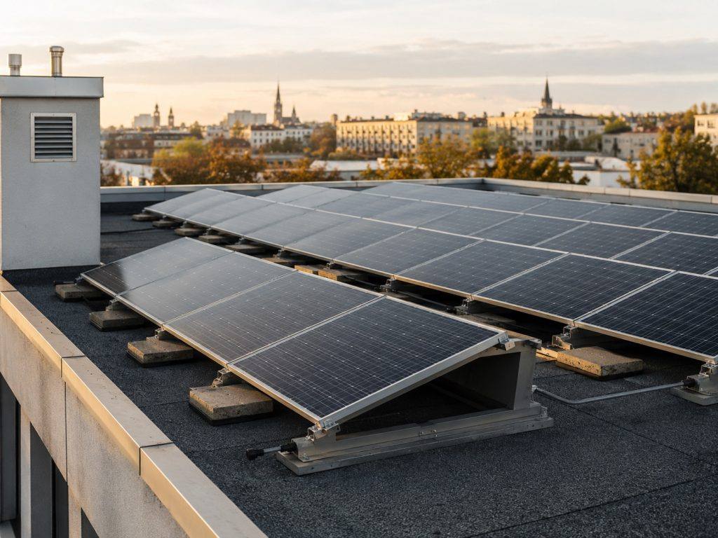 Aufgeständerte Photovoltaik-Reihen auf einem Flachdach