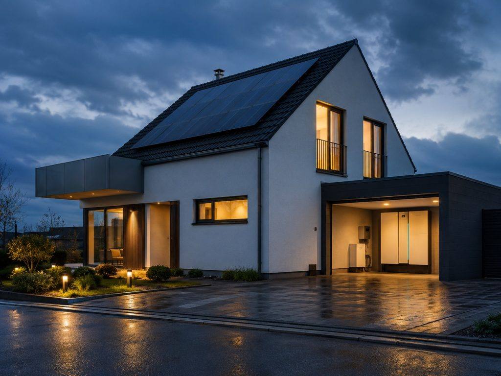 Beleuchtetes Wohnhaus in der Dämmerung — Notstromversorgung mit Batteriespeicher