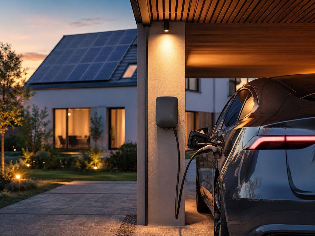 Elektroauto lädt an einer Wallbox im Carport