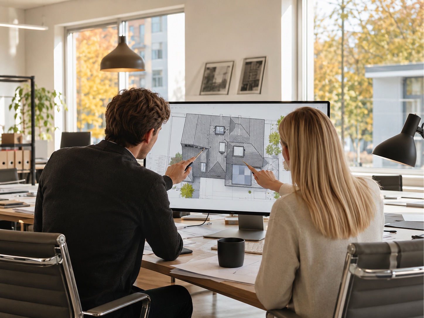 Kolleg:innen besprechen einen Dachplan im Büro
