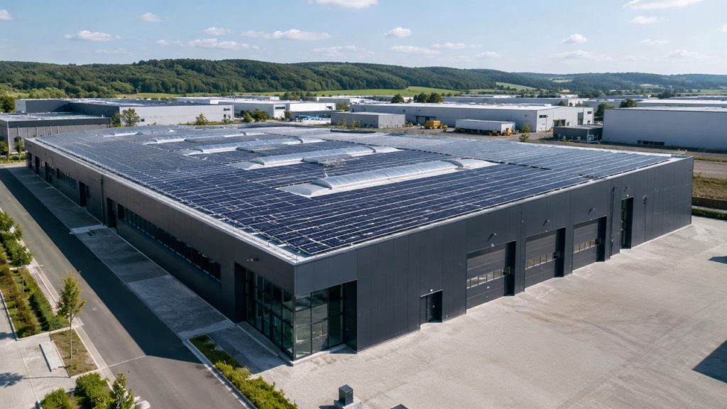 Symbolbild: Großflächige Photovoltaik-Anlage auf einem Gewerbe-Flachdach