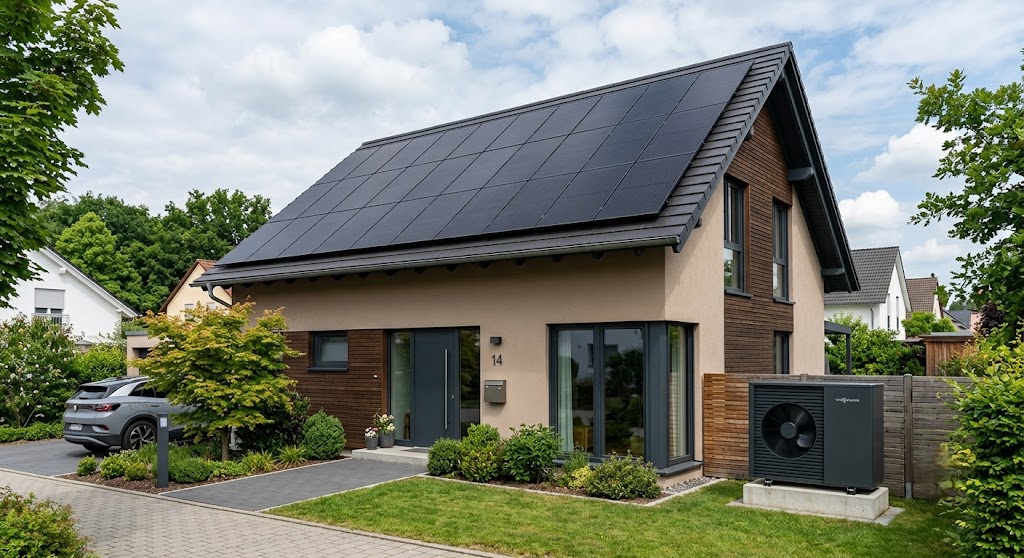 Einfamilienhaus mit Photovoltaikanlage auf dem Dach, Luft-Wärmepumpe im Garten und Elektroauto in der Einfahrt